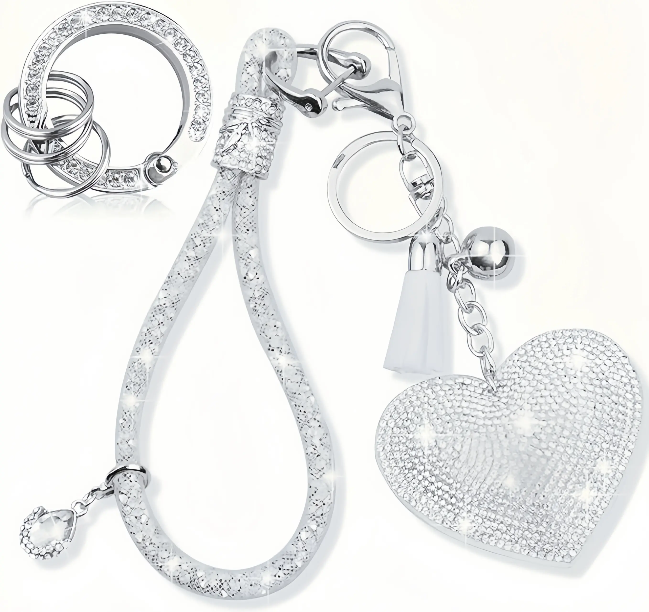 Dazzling Heart-Shaped Keychain Set, Rhinestone Crystal Wristlet with Tassel Charm for Women, Car Key & Bag Accessory