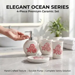 Bathroom decor set,Luxury 4-Piece Ceramic Bathroom Accessory Set - Includes Soap Dispenser, Toothbrush Holder, Tumbler, Soap Dish - Coastal Shell Design for Modern Home Decor