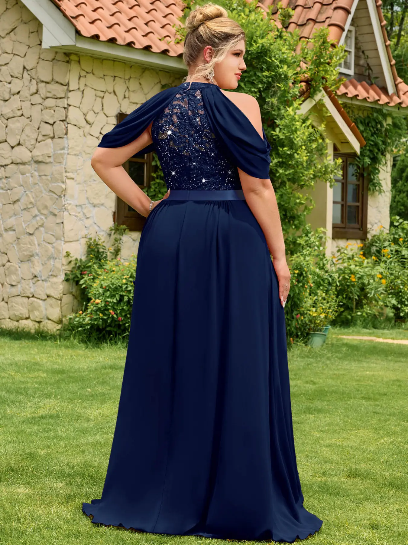 MISSMAY P25636A Plus Halter Neck Sequin Floral Lace Cutout Shoulder Cape  Sleeve Contrast Chiffon Pleated Hem Formal Party Dress Prom Wedding Guest  Gown, For Valentine, Graduation, Dinner - TikTok Shop