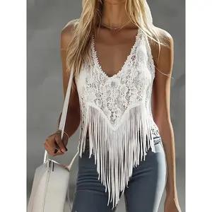 Elegant Special # D1890 Fashion Slim V-Neck Lace Tank Top, Elegant and Comfortable Fringe Sleeveless Top, Versatile Summer Tank Top, Fashionable and Comfortable Top, Simple and Elegant Tank Top, Versatile Elegant Top, Suitable for Daily Casual, Dating