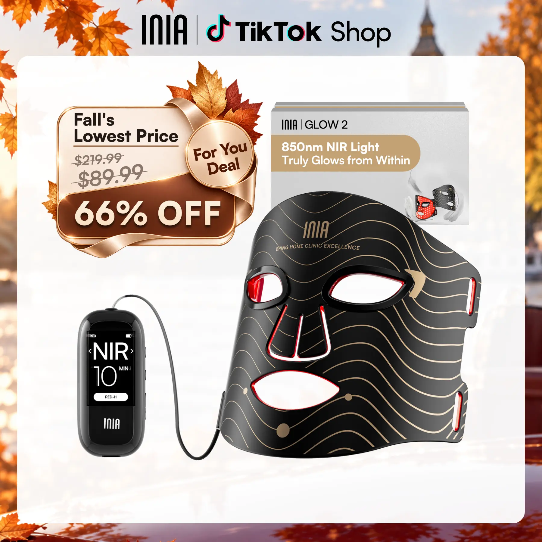 [New Color Drop] INIA GLOW 2 Red Light Therapy Mask , 4 Light Modes with 850nm NIR, 2600mAh Rechargeable LED Face Mask for Skincare at Home and Travel, Summer Beauty Gift Ideas,back to school,back to school haul