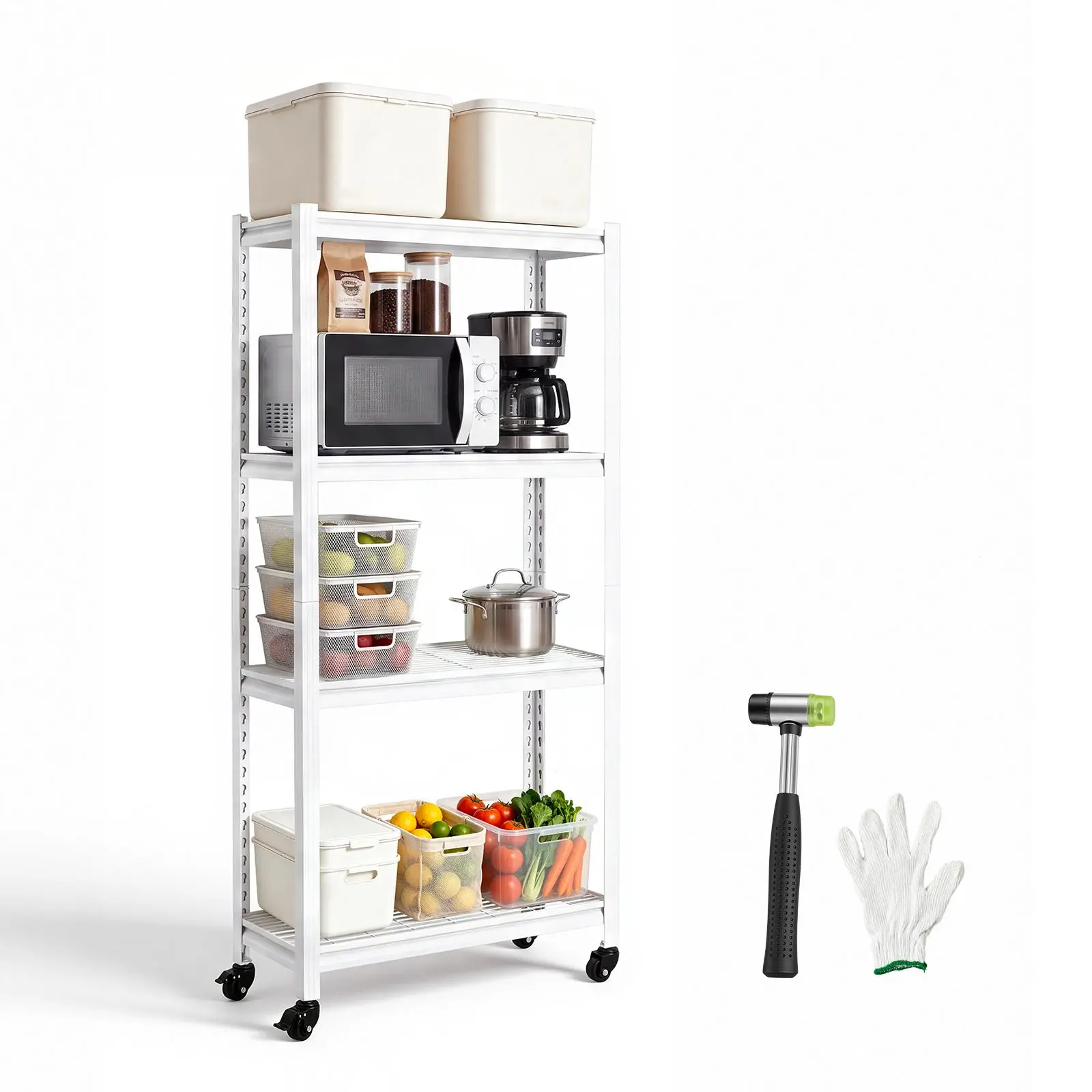 VEVOR Storage Shelves, 4-Tier Garage Shelving with Wheels 30 x 12 x 63 in, for Garage, Basement, Warehouse, Kitchen, 800 lbs Static Load, Heavy-Duty Metal Unit, Adjustable Racks, with Gloves, White