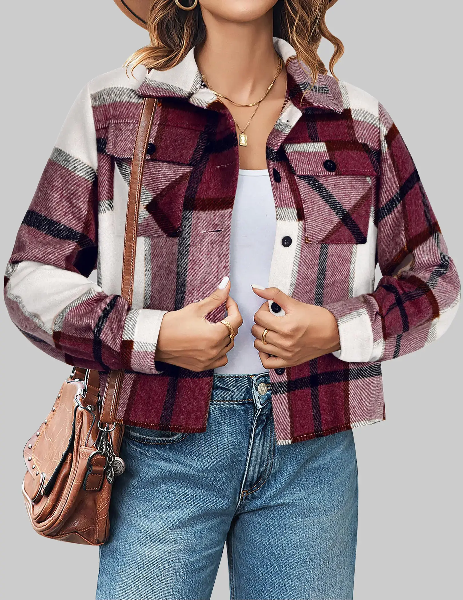 Women's Vintage Loose Fit Plaid Flannel Cropped Shacket - Soft Fabric Coat, Lapel Collar, Button Down, 2 Pockets, Full Sleeve, Button Cuffs, Holiday & Outdoors Ready