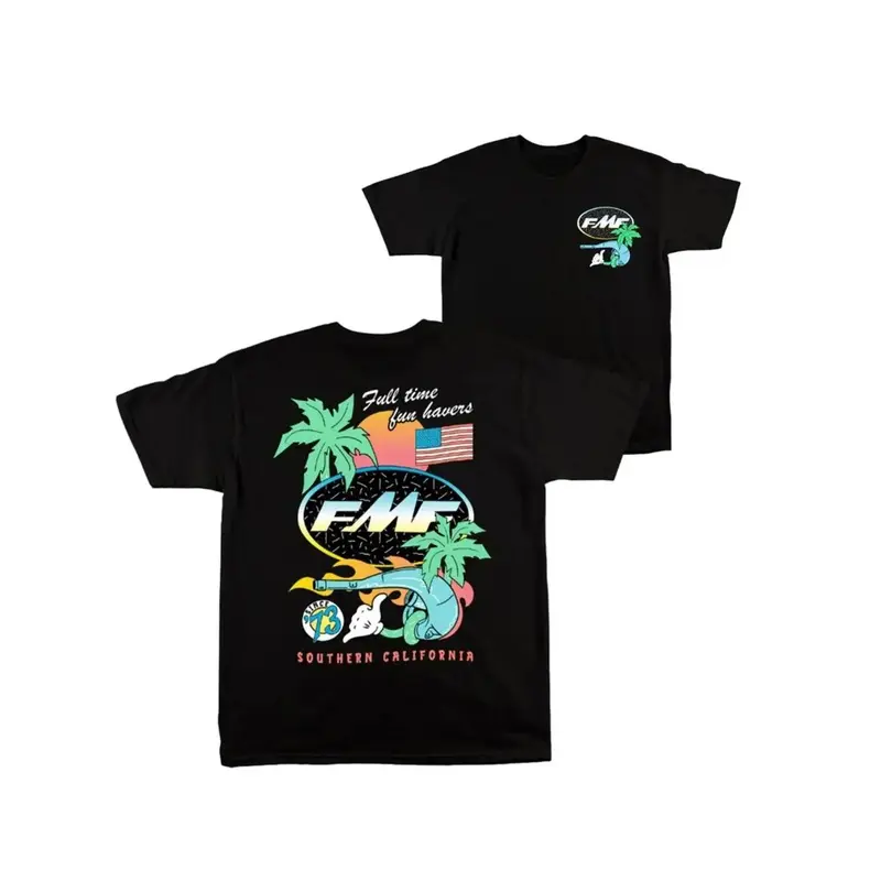 Women's Short-Sleeve Round-Neck Graphic Top, American Street Style, Palm Tree Sunset US Flag Print, FMF Exhaust Pipe Design, Casual Summer Fitted Tee, Shortsleeve