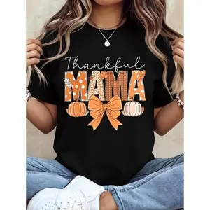 100% Cotton Thanksgiving Graphic Women T Shirt Thankful Mama Coquette Fall Pumpkin Spice Thanksgiving Women T-Shirt walk  by  faith  tee Flower Print Casual T-Shirt Unisex Horror Movie Villains Asymmetrical Long Sleeve Cami Top Elegant Blue Long Sleeve To