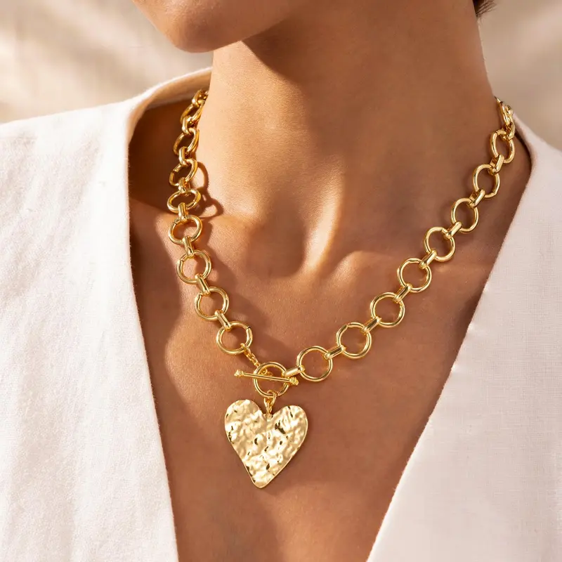 Tewiky 14K Gold Plated Neclace For Women Best Gift For Mothers Day Valentine's Day Gift Chunky Gold Layered Heart Pendant Bold Chain with Toggle Clasp for Women,Waterproof Hypoallergenic Chunky Statement Jewelry for WomenFashion Jewelry Items Holiday gift