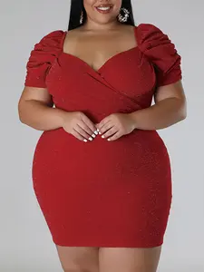 Plus Size V Neck Bubble Sleeves Bodycon Dress, Women's Slim Fit Party Date Evening Wear, Sexy Chic Plain Wrap Design Short Sleeve