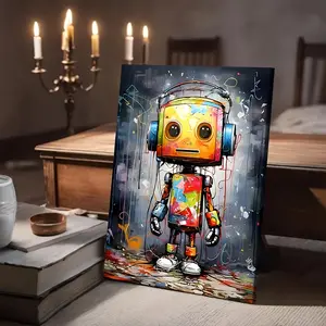 Modern Graffiti Robot Canvas Wall Art - Vibrant Colorful Framed Painting, Ready to Hang Waterproof Decor for Living Room, Bedroom, Office - Unique Gift for Independence Day, Easter, St. Patrick's Day, Wall Hanging Decor, 2D Flat, Perfect for Room Dec
