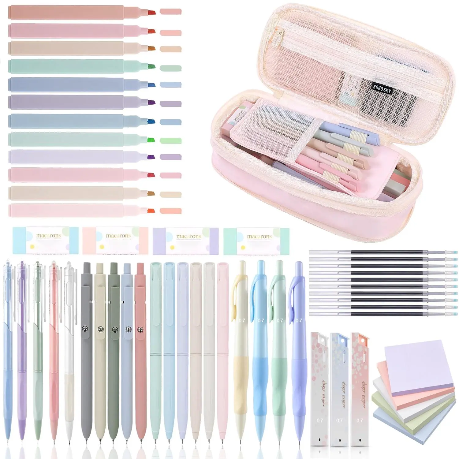 Aesthetic School Supplies Set, Including Highlighter & Gel Pen & Mechanical Pencil & Pencil Case & Accessories, Cute Stationery Set, Writing Utensils