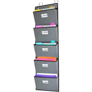Over the Door  File Organizer 5  Pockets Wall  File Folders Organizer Holders, Office Supplies Storage Pocket Chart for Paper Mails Planners Notebooks,Gray