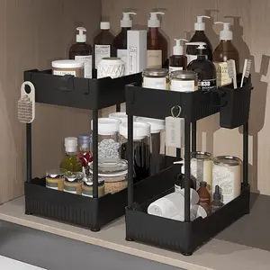 2 Pack Under Sink Organizer, Under Bathroom Cabinet Organizer with Hooks Hanging Cup, Multi-Purpose Storage Shelf for Kitchen Bathroom, Black