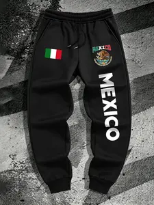 Men's American Patriotic Cuffed Sweatpants, Comfortable Breathable Fabric, Mexico Letter Flag Emblem Print, Casual Streetwear Sports Pants