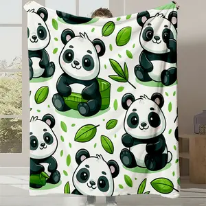 1pc Cute Panda Plush Blanket - Soft Quilted Flannel Bedspread with Panda & Print, Thick Cozy All-Season /s Bedding, Machine Washable Gift for &, /Travel/Office (Green/Pink/Black/White)