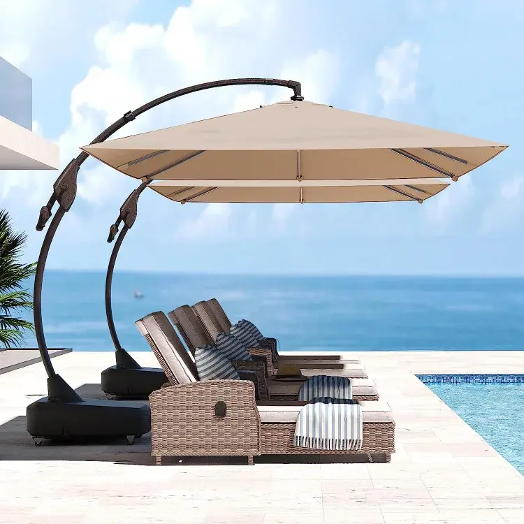 13' cantilever patio umbrella Mondawe 13ft Square Solar LED Cantilever Patio Umbrella with Included Base & Bluetooth Light in Gray
