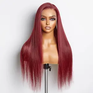24 Inches Burgundy 13"x4" Lace Front Straight Wig Pre-Plucked Free Part 150% Density 100% Human Hair
