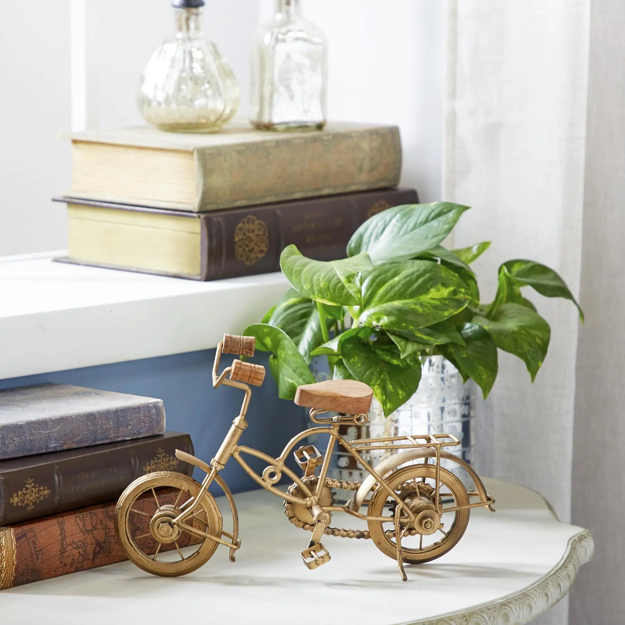 Gold Iron Bike Decorative Sculpture with Wood Accents, Home Decor Seat Decoration for Living Room