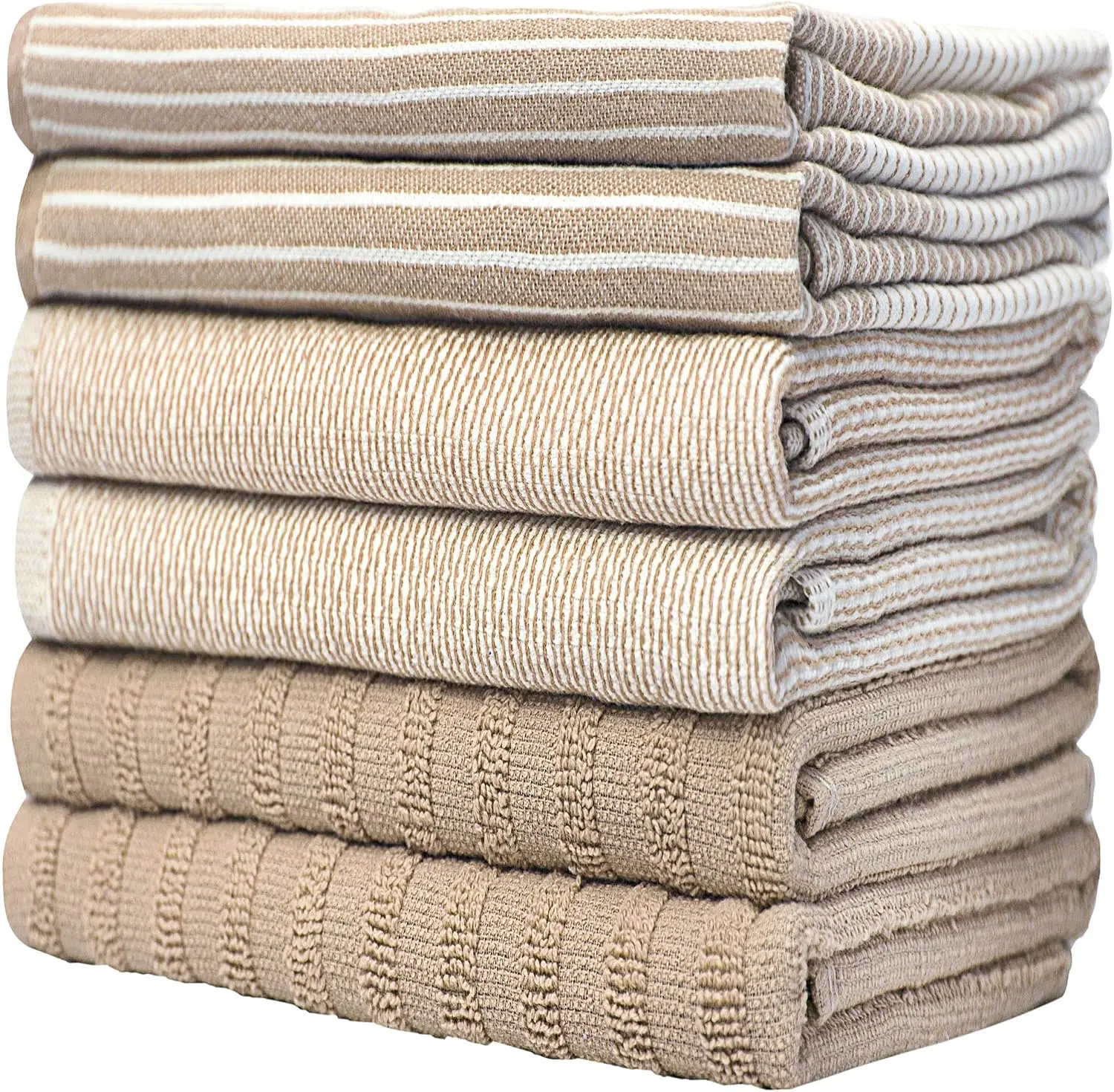 Premium Kitchen Towels 6 Pack 100% Cotton, 20"x28" Dish Towels - Tan | Large Flat & Terry Kitchen Linen Set with Hanging Loops, Highly Absorbent for Washing and Drying Dishes
