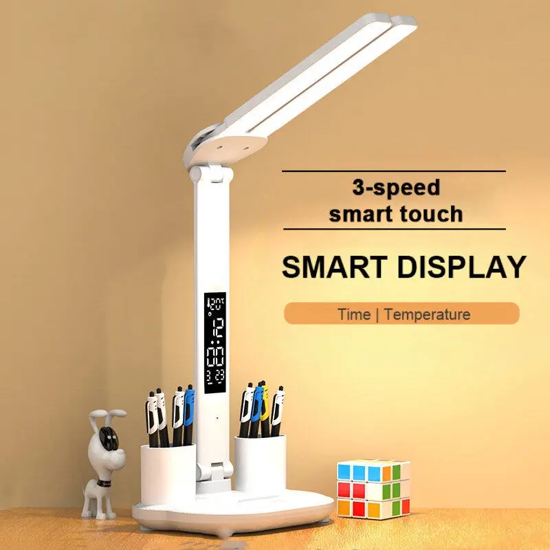 Cordless Rechargeable Smart Touch LED Table Lamp with Clock - 2 Dimmable Heads, 180° Rotatable Foldable Plastic Design, 3-in-1 Color Modes, 3-Speed Dimming, 3200mAh Battery, Time & Temperature Display, Eye Protection, Night Aesthetic, Studio & Cute Setup