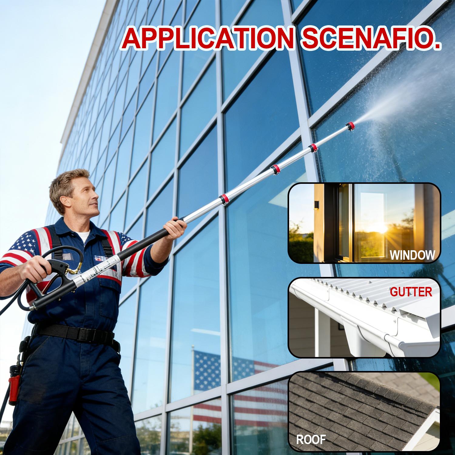 Hourleey 24 FT Telescoping Pressure Washer Wand, Power Washer Extension Wand with Brush Head, Gutter Cleaner, 3 Curve Wands, Adjustable Support Belt, Pivoting Coupler, 7 Spray Nozzles, 4000 PSI