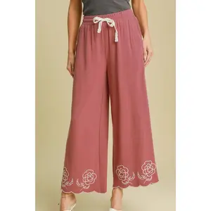 Umgee Full Size Linen Blend Wide Leg Pants with Scalloped Hemline Plus Size