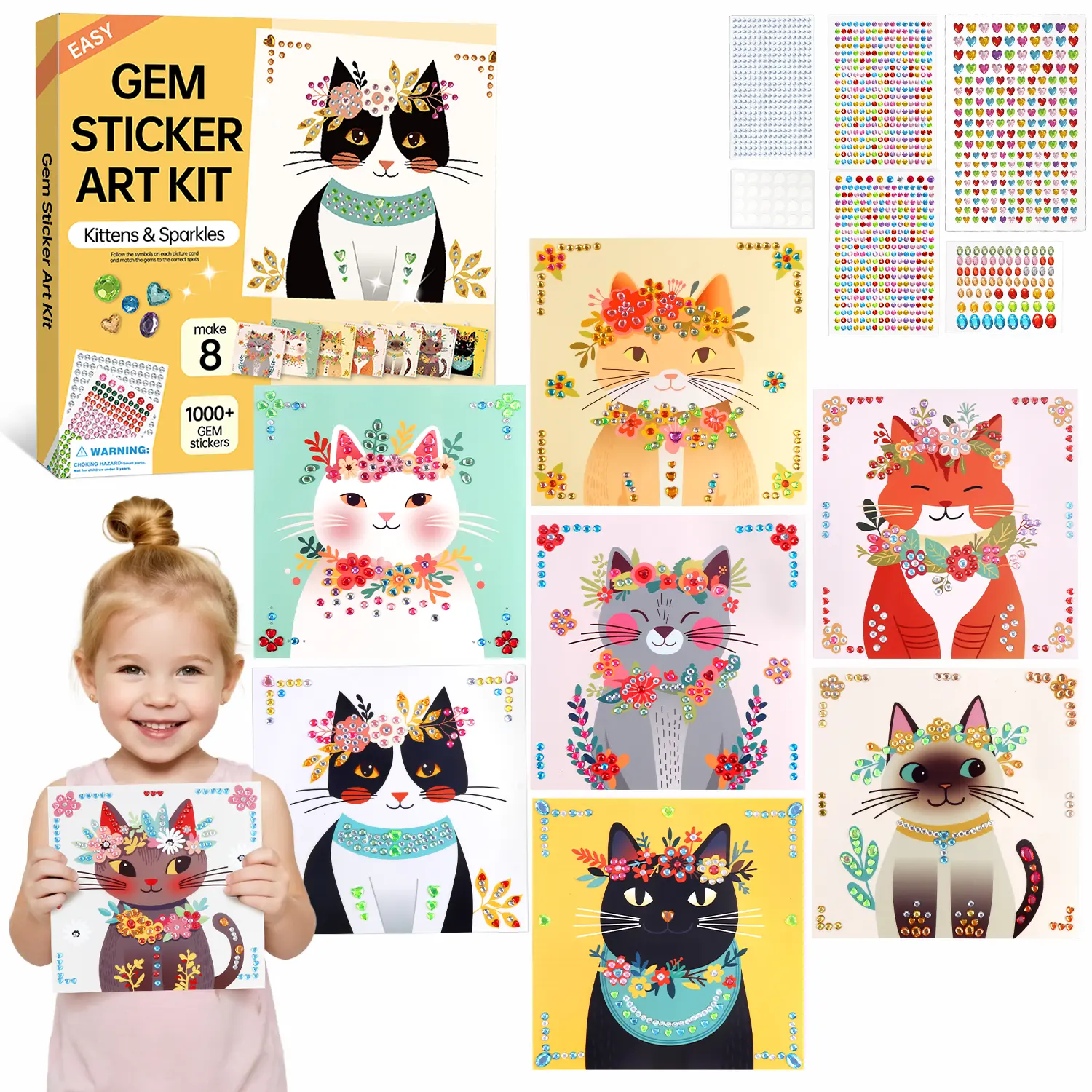 Kids Gem Art Sticker Kit - 8 Cat-Themed Cute Animal Sticker Cards, DIY Craft Supplies for Girls Ages 4-8, Fosters Creativity, Cute Animal Stickers