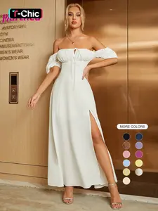 Women's Off The Shoulder Ruched Tie Front Split Thigh Slit Dress, Elegant Puff Sleeve A Line Long Dress for Party Holiday Dating Wear, Chic Milkmaid Dress, Ladies Summer Clothes Fit