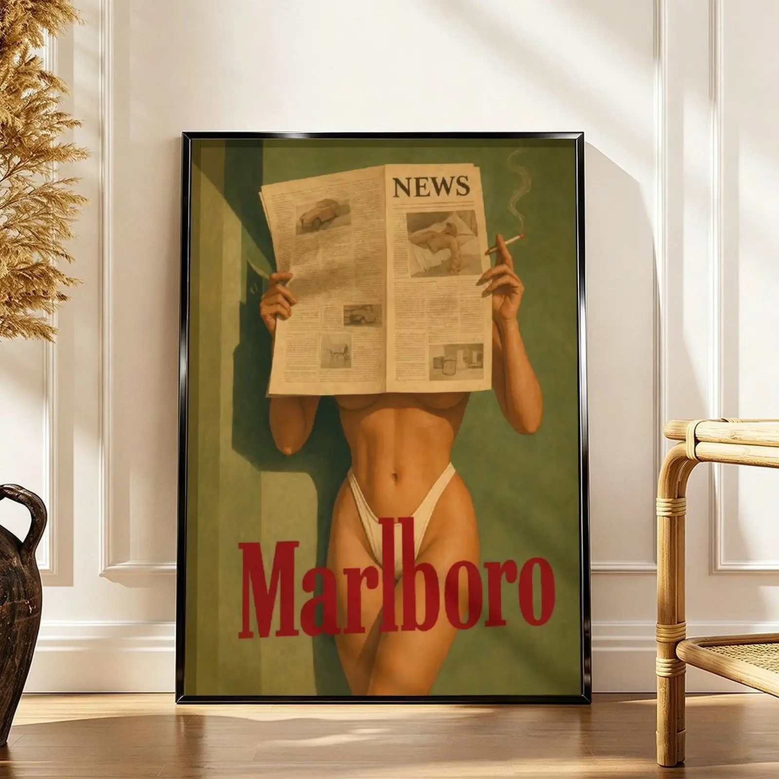 Vintage Marlboro Lady Newspaper Poster Canvas Print, Retro Cigarette Advertisement Green Wall Art, Vintage Home Decor, Unique Room Decor Items for Bedroom, Bar