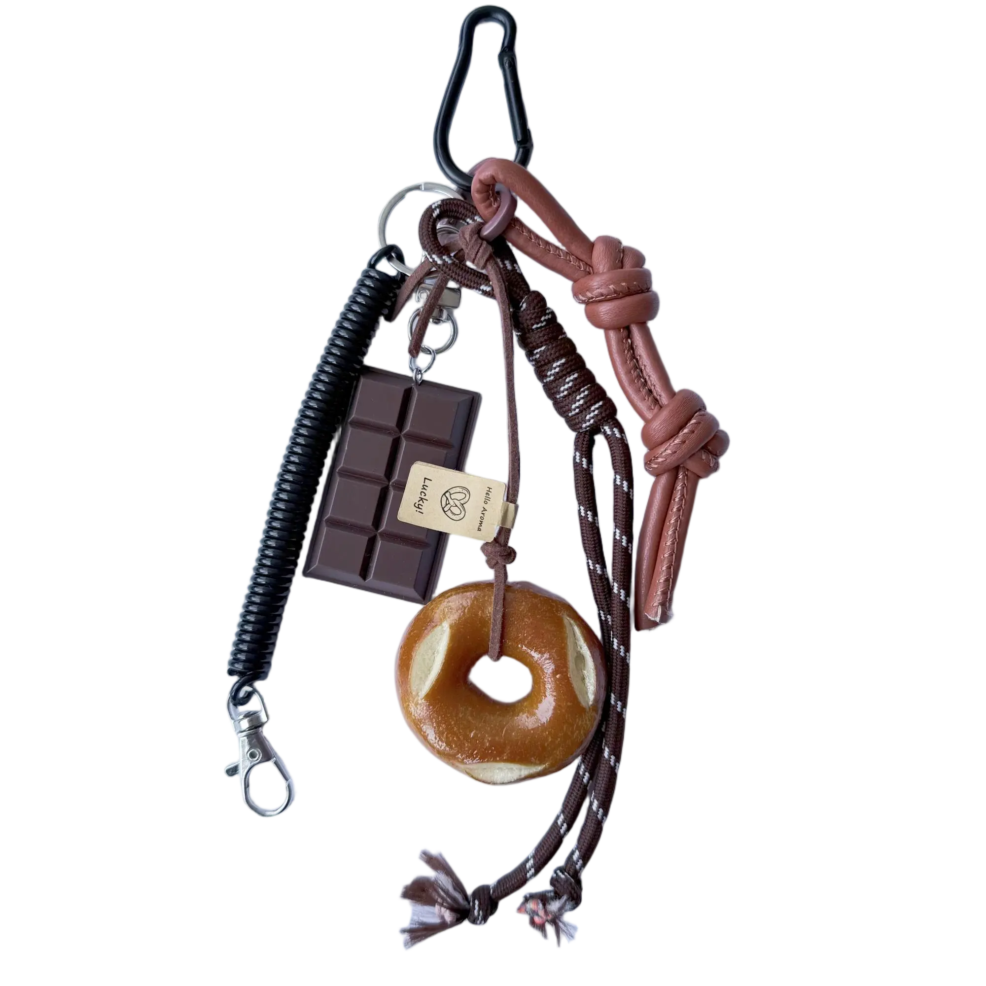 Bagel & Chocolate Bag Charm, Aesthetic Braided Nylon Rope Keychain Accessory, small gift
