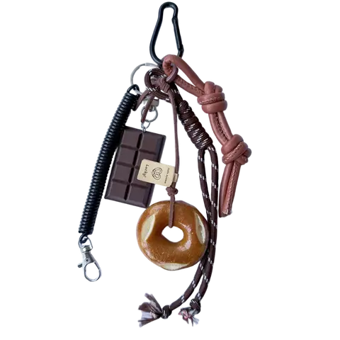 Cute Elegant Bagel and Chocolate Detail Backpack Charm - Braided Nylon Rope Pendant with PU Leather Accents, Trendy Bag Charms for Handbags, Purse Accessories, Women's Birthday Gift