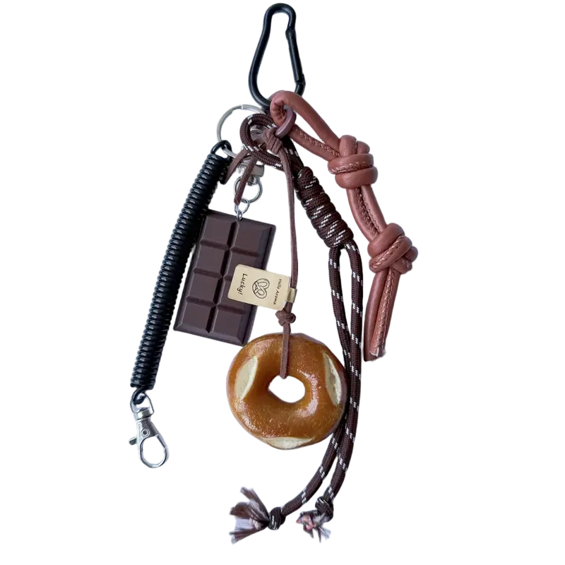 Cute Elegant Bagel and Chocolate Detail Backpack Charm - Braided Nylon Rope Pendant with PU Leather Accents, Trendy Bag Charms for Handbags, Purse Accessories, Women's Birthday Gift