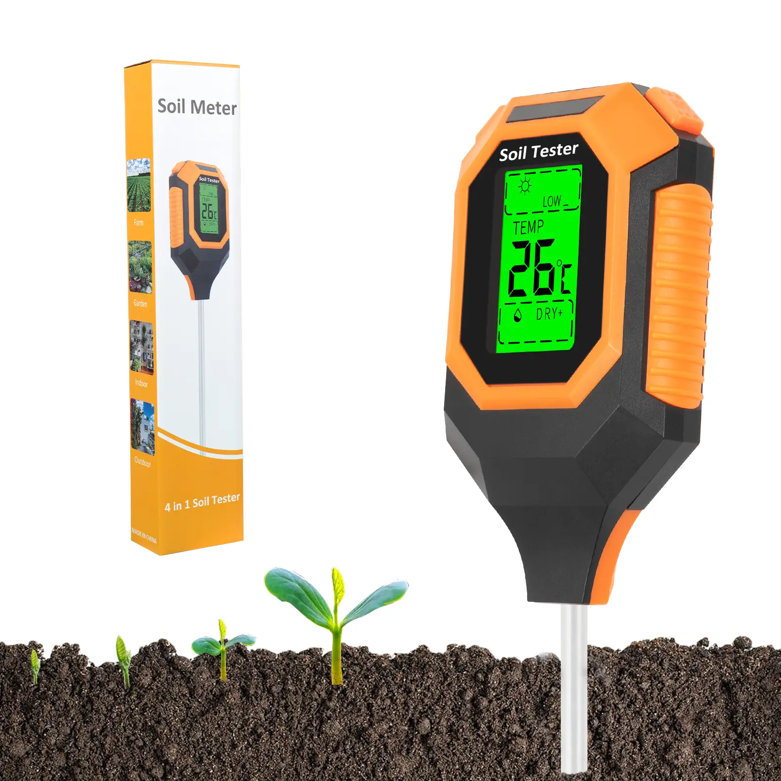 IRTOV Soil PH Tester, 4-in-1 Digital Plant Soil Moisture Meter with PH Value/Temperature/Moisture/Light Intensity for Plants, Garden, Farm, Lawn, Indo