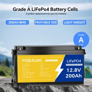 POERUNI 200Ah LiFePO4 Lithium Battery With Built-In BMS, 12V Deep Cycle Marine Battery - Overcharge/Discharge Protection, Lightweight Lithium Iron Phosphate Battery For RV, Boat, Solar, Trolling Motor