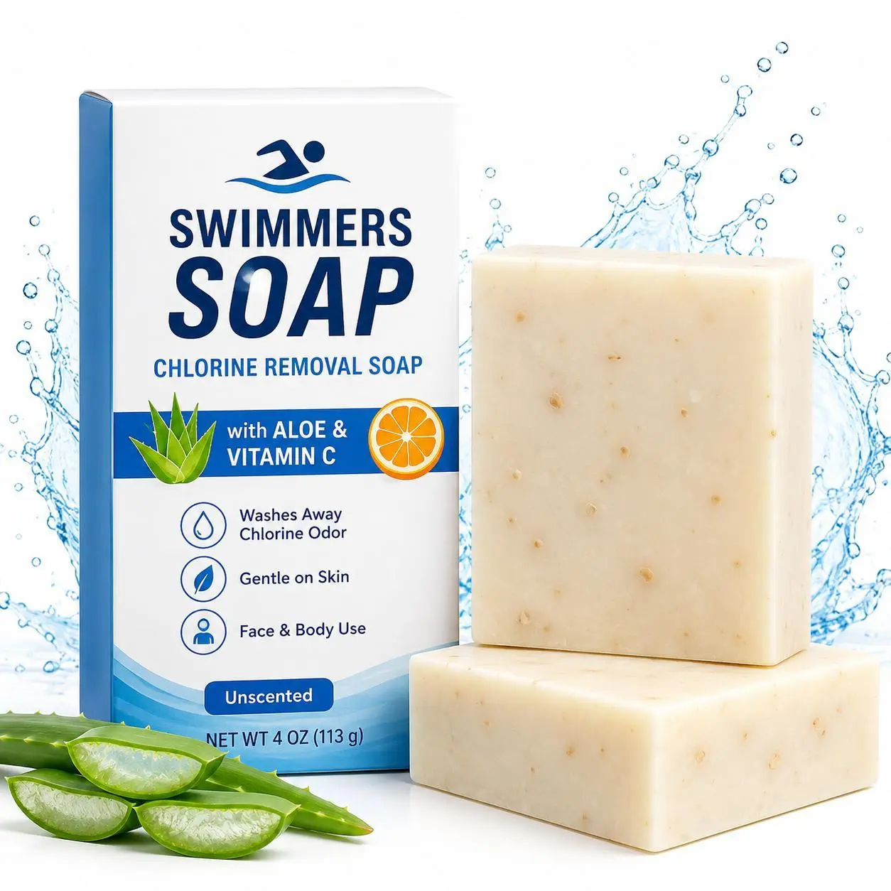 After Swim Soap Bar for Swimmers, Aloe & Vitamin C Cleansing Bar for Face & Body, Helps Clean Pool Chlorine Odor, Gentle Unscented Soap for Swimming, Hot Tub & Gym, 4 oz