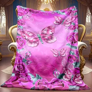 1pc Pink Rose Butterfly Background Pattern Theme Pattern Flannel Blanket Soft High-definition Digital Printing Cooling Blanket Suitable For All Year Round! 100% Polyester Fiber, Suitable For Family And Friends All Year Round