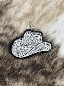 Tooled Cowgirl Hat Leather Keychain