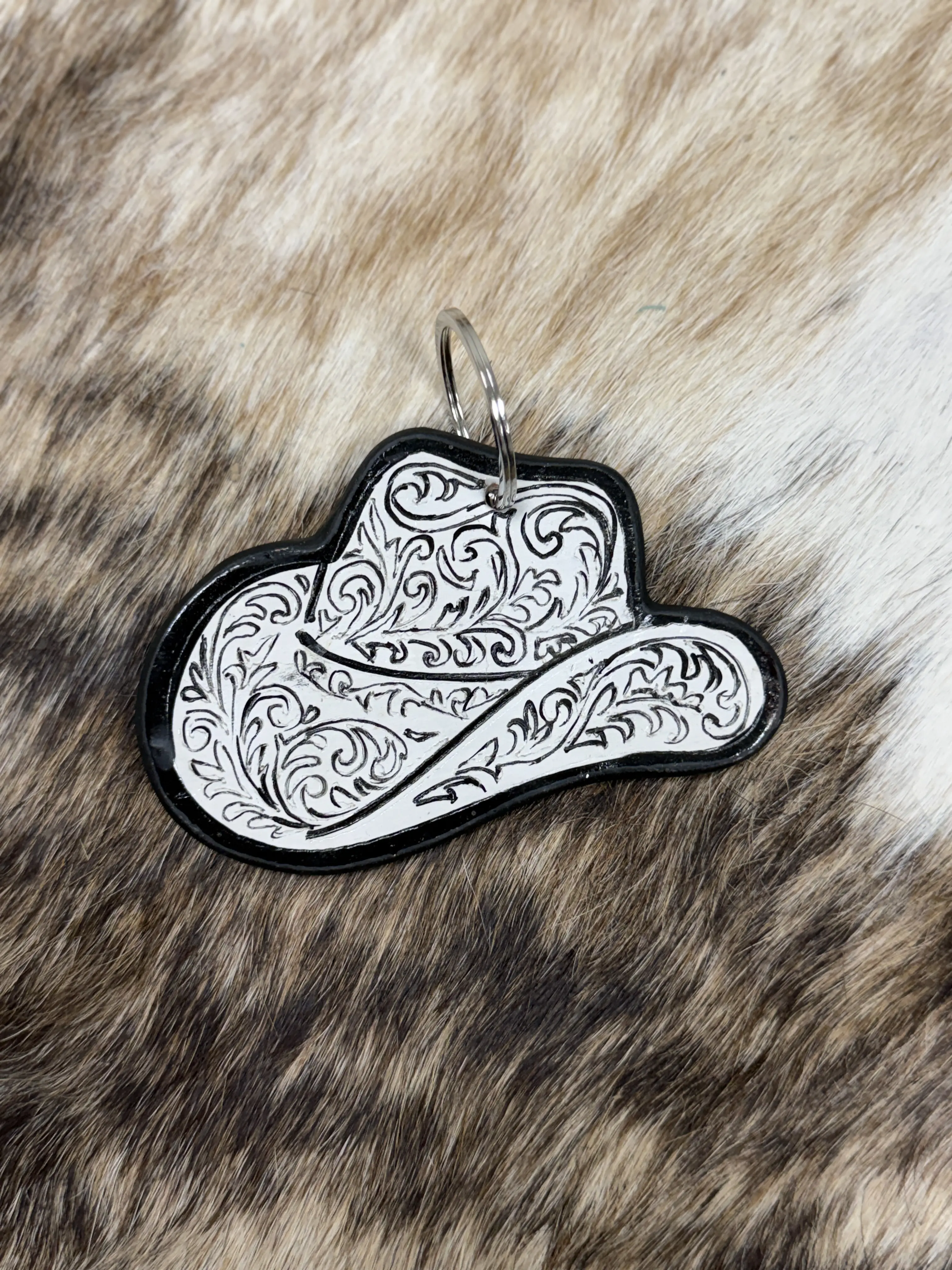 Tooled Cowgirl Hat Leather Keychain