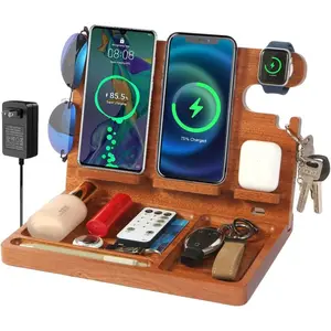Nightstand Organizer with 4  Charger for 2 /Android Phone, Watch,Airpod, Phone Docking Station,27W Fast   Station,Wallet/Key Holder,Gifts for Dad/Men