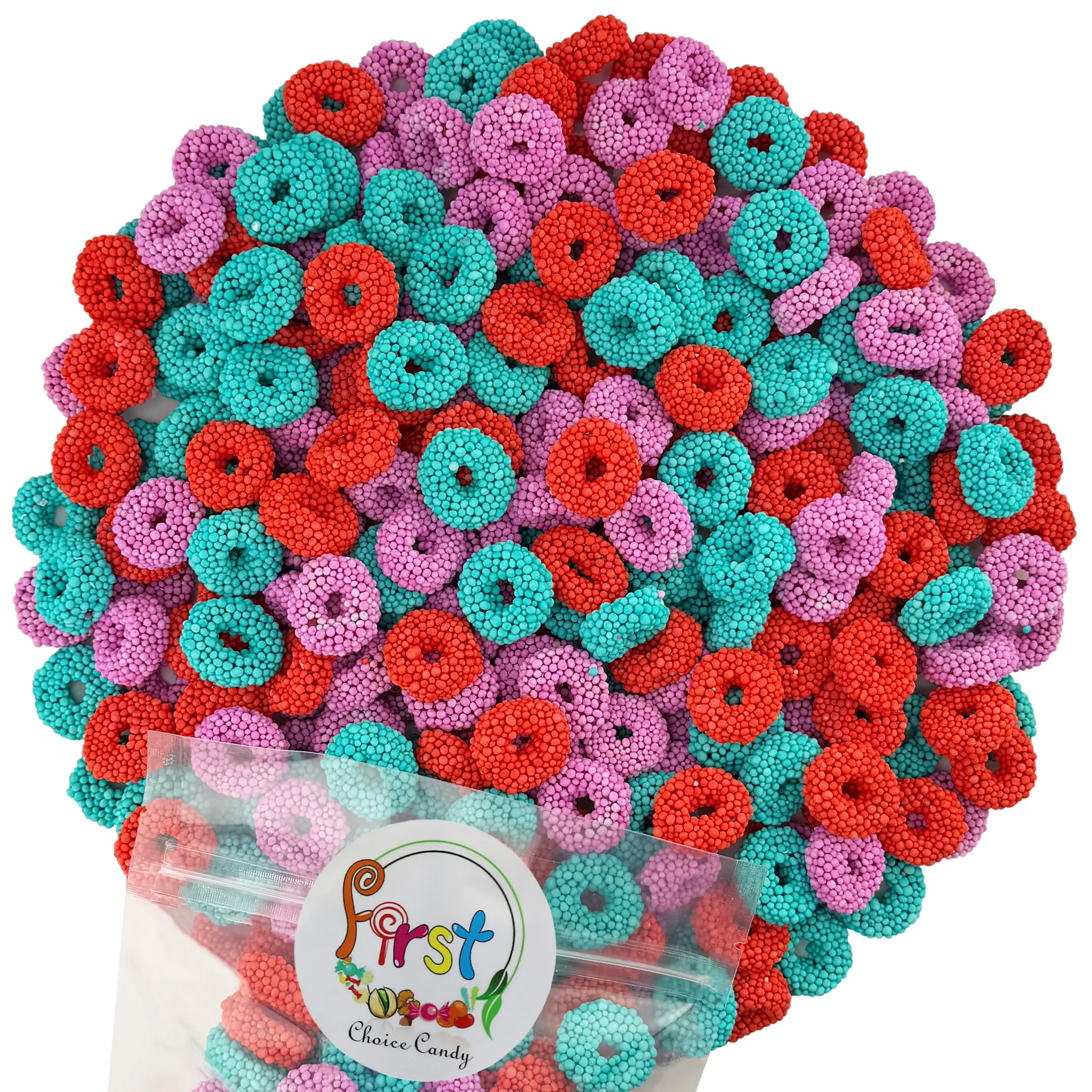 FirstChoiceCandy Gummy Rings, Fruit Flavored cosmic  Crunchy candy Coating, Assorted Tropical Punch, Grape, Cherry, Chewy Sweet Treats, Resealable Bag 1 pound bag