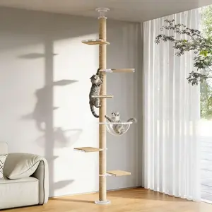 Floor-to-ceiling cat climbing frame, acrylic top panel support, tall cat tower, natural sisal rope scratching post, adjustable height, multi-platform activity center