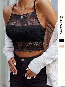 Women's Solid Floral Lace Wireless Backless Bralette, Fashion Casual Double Layer Bra for Daily Wear, Women's Lingerie for Summer
