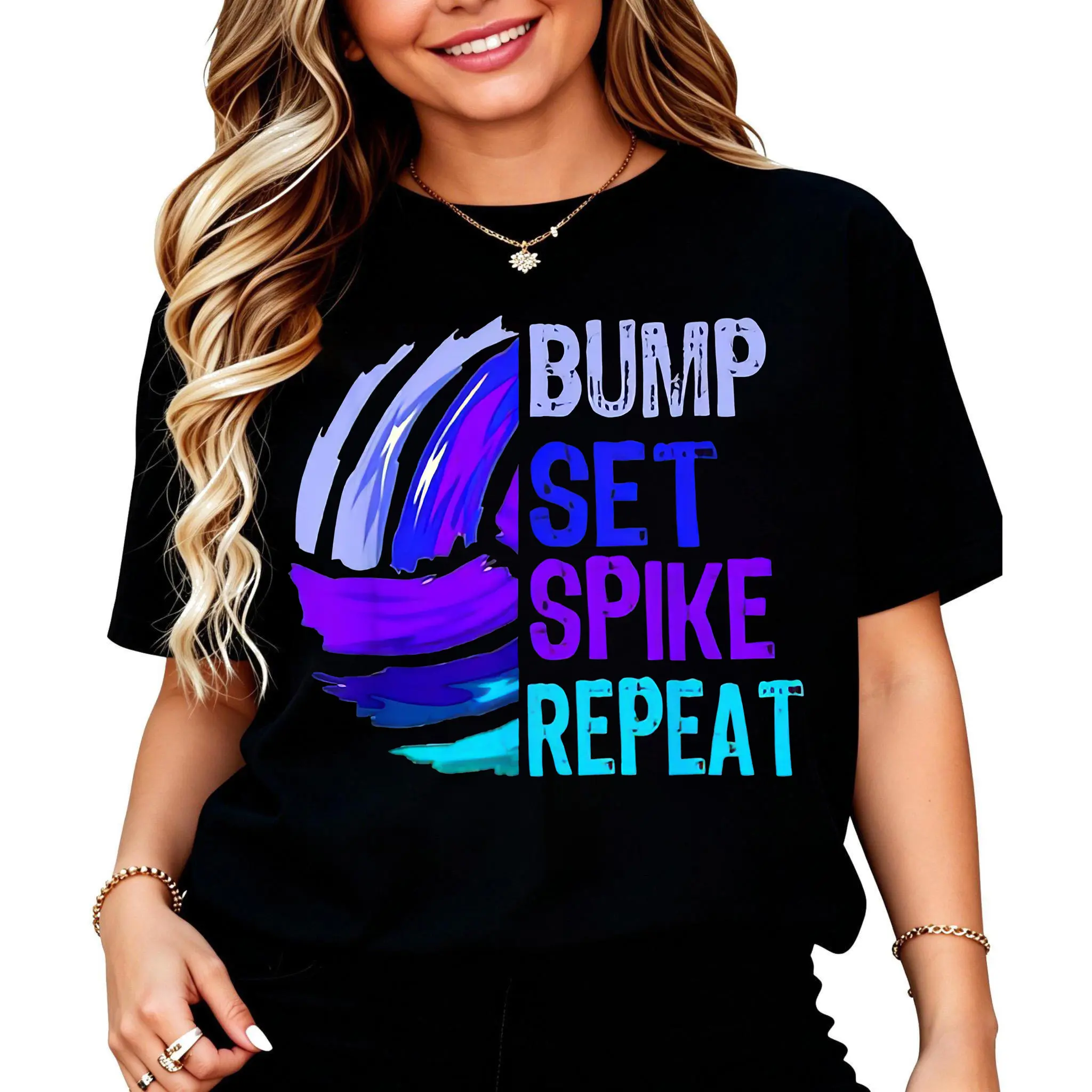Women's Blue Volleyball "Bump Set Spike Repeat" Graphic T-Shirt, 100% Cotton Round Neck Tee, Smooth Casual Crewneck Top for Everyday Wear