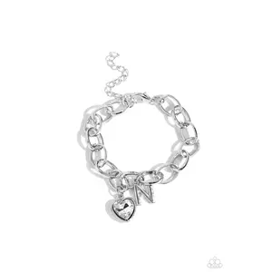 Guess Now Its INITIAL - White - N Heart Gem Letter Alphabet Silver Charm Bracelet - Paparazzi