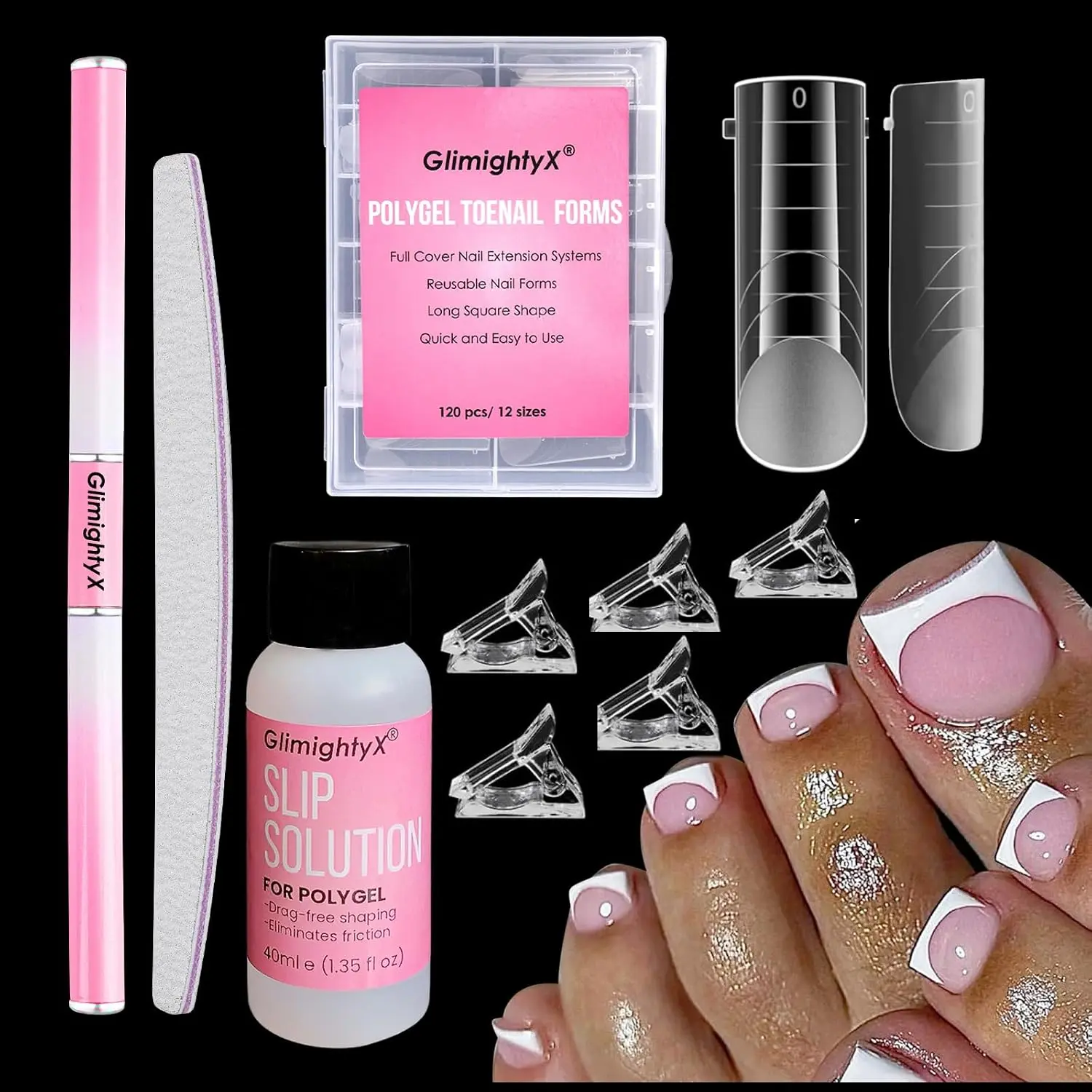 Polygel Toenail Kit with Dual Forms Slip Solution Brush File Clips,12 Sizes | Fast Easy Toe Nail Extension, Reusable Dual Forms with French Guidelines, for Poly Builder Gel,Salon DIY Home Use