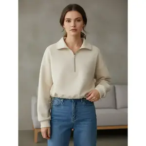 Women's Fall New Solid Color Zip Shoulder Drop Loose Adjustable Hem Pullover Sweatshirt, Casual Fashion Long Sleeve Top