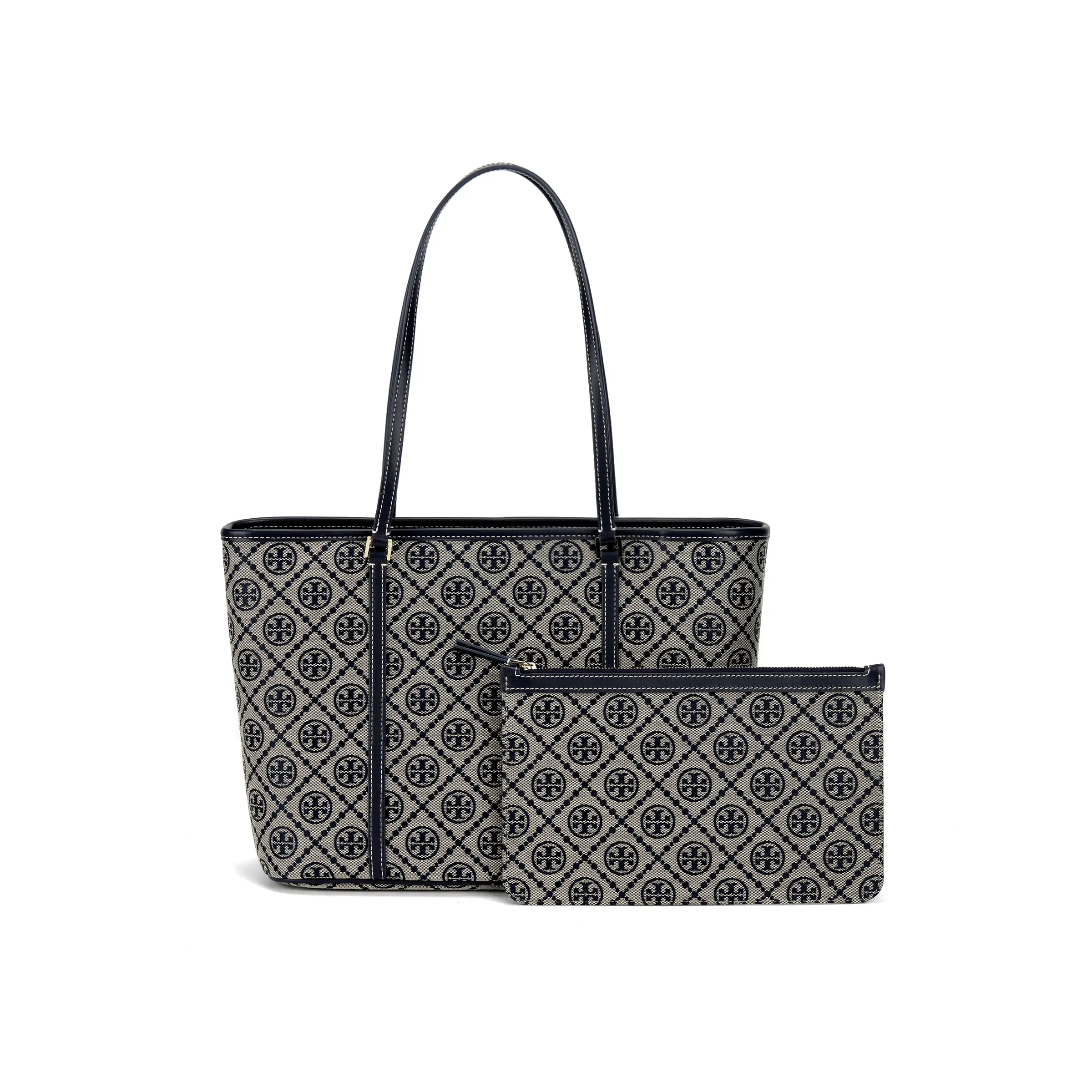 Women's Tory Burch T Monogram Logo Print Fabric Tote Bag - Navy Blue, Zipper Closure, Office Work Bag, Daily Commuting Purse, Fashionable
