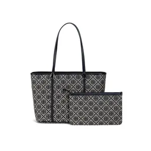Tory Burch T Monogram Logo Print Zipper Closure Fabric Tote Bag for Women in Navy Blue