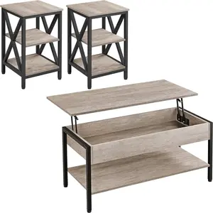 Lift Top Coffee Table Set of 3 for Living Room, Lift Up Center Table w/Hidden Storage Compartments, Coffee Table and X Shape End Table Sets, Industrial Style 41 in Coffee Table/GreySmall apartment creative coffee table for living room