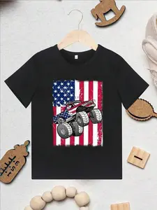 1pc Boys' American Flag Monster Truck T-Shirt with Monster Truck Racing Number 24 Design - Red White & Blue Patriotic Kids' Top for 4th of July, Party Outfits (Ages 3-13 Years) - Machine Washable Boys Clothing