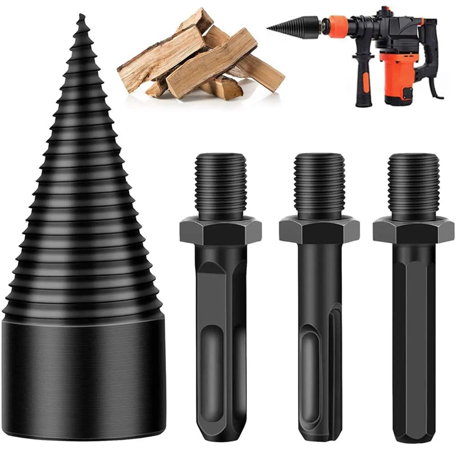 4pcs Firewood Log Splitter, Wood Log Splitter, Easy Splitter Detachable Drill Bit Heavy Duty Electric Drills Screw Cone Driver Removable (Round+Square+Hex 32mm)(Black)