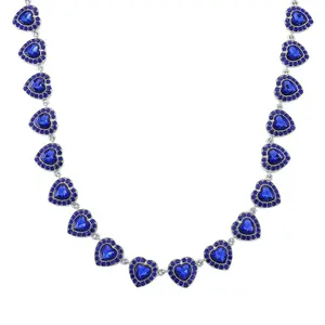 Blue  Crystal and Blue Glass Heart Link Necklace 20 Inches in Silvertone